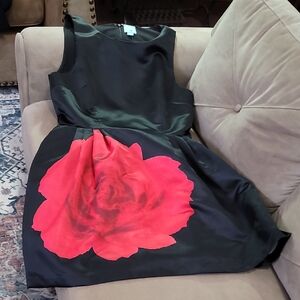 CeCe Black Mini Dress with Red Floral Design